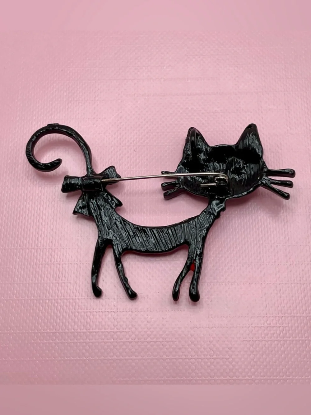 Whimsical Red Cat Brooch with Multicolor Hearts and Teal Bow - Picture 2 of 4